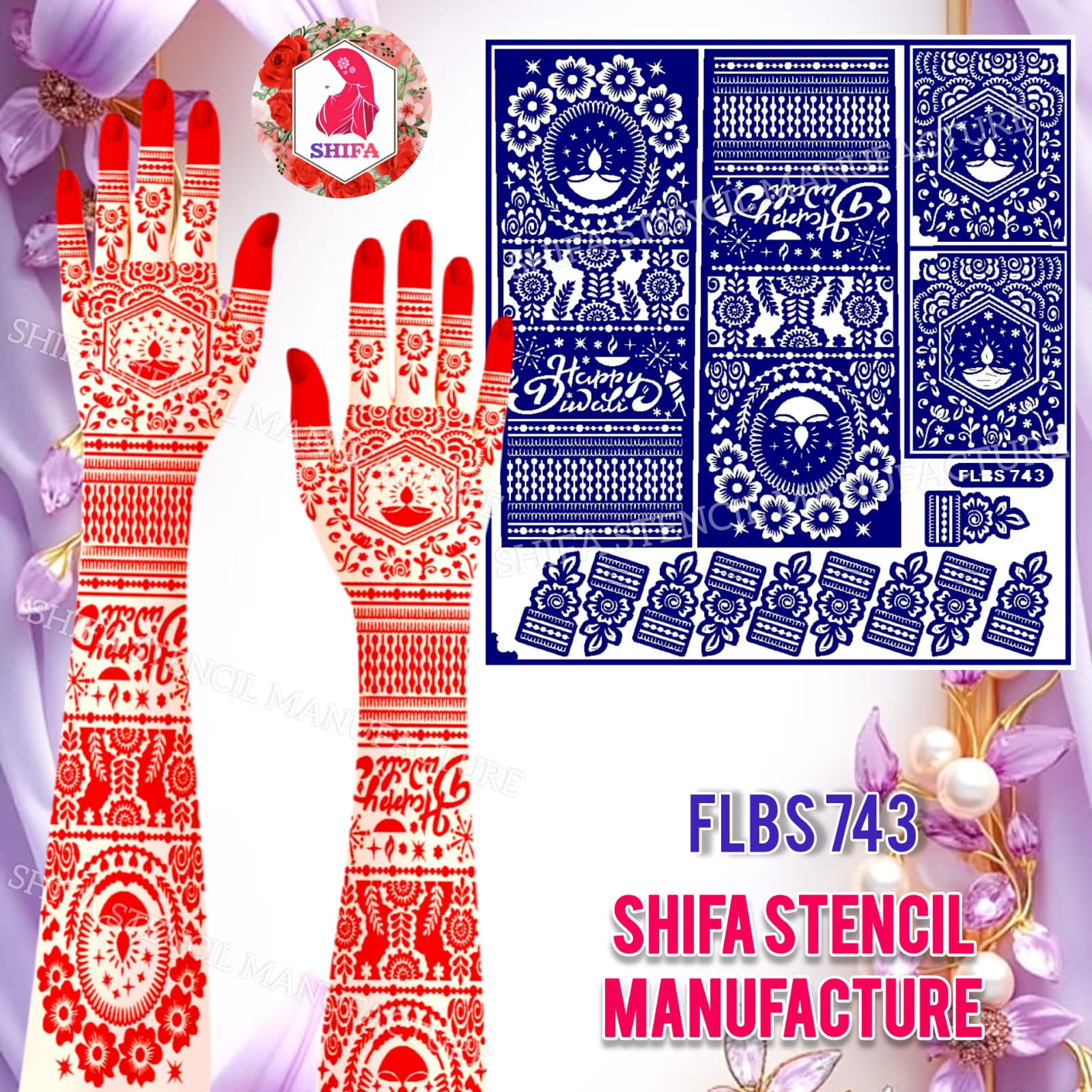 FLBS 743 Elegant Diwali Festival Pattern Sticker overview Henna Stencil - Shifa Stencil